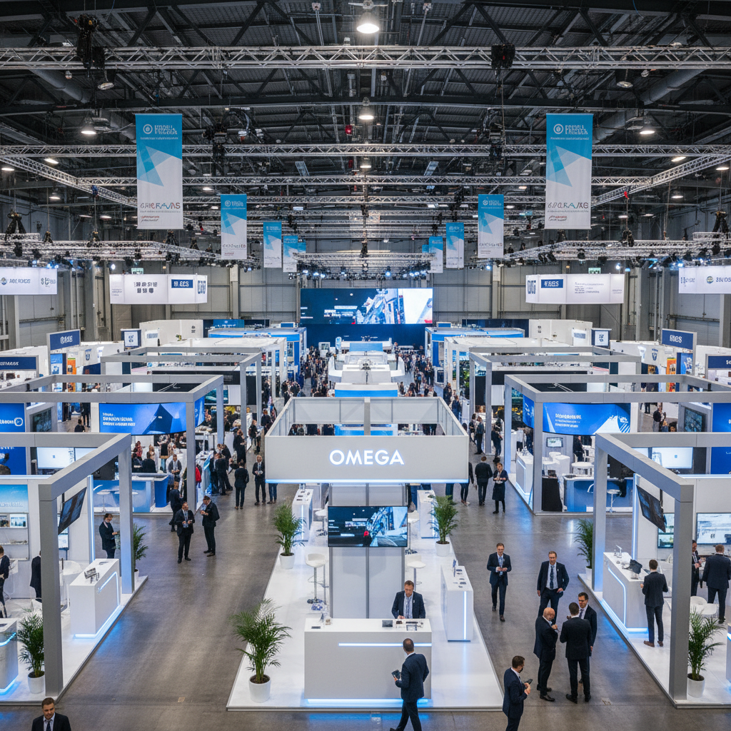 A wide, panoramic view of a meticulously arranged trade show floor inside a modern convention center, featuring sleek modular booths with illuminated panels, hanging banners, and large LED screens looping vivid promotional videos. The main aisle leads toward a central, double-height Omega-branded information kiosk with polished white surfaces and subtle blue accent lighting. Overhead industrial trusses support spotlights casting clean, even illumination without harsh shadows. Photographic realism with sharp focus throughout, captured from a slightly elevated, wide-angle perspective to emphasize scale and organization. The atmosphere is energetic yet orderly, suggesting expert planning, logistics, and event design for fairs and congresses.