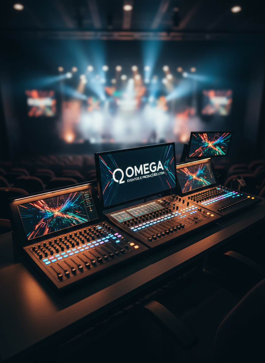 A sleek, modern event production control table filled with professional audio mixers, LED-lit sliders, broadcast monitors showing colorful stage visuals, and a central screen displaying the logo “OMEGA EVENTOS E PRODUÇÕES LTDA.” The table sits in a darkened auditorium overlooking a distant, dramatically lit stage with vibrant spotlights and fog effects, all softly blurred. Cool blue and warm amber accent lights reflect off brushed metal surfaces and glossy buttons. Photographic realism, shot from a slightly elevated, three-quarter angle, with a shallow depth of field that keeps the control table in crisp focus. The mood is professional, dynamic, and high-tech, conveying precision and mastery in event and media production.