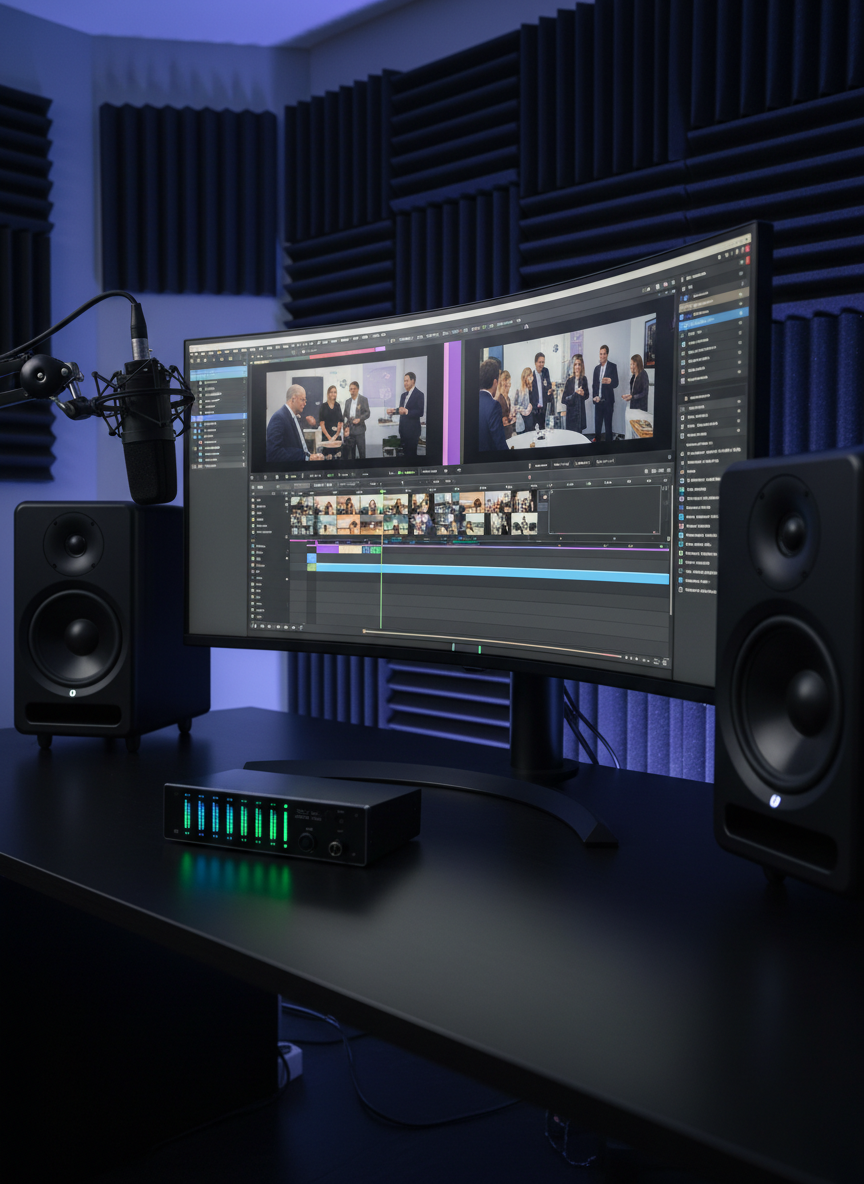 A sophisticated TV and radio production studio desk with a large curved ultra-wide monitor displaying a video editing timeline, multiple audio waveforms, and vibrant footage of a corporate event. Surrounding the monitor are high-end speakers, a broadcast-quality microphone on a boom arm, and a compact audio interface with glowing level indicators. The desktop is matte black with subtle reflections, set against an acoustically treated wall with dark foam panels and soft LED backlighting in deep blue and purple tones. Photographic realism, shot at eye level with a medium depth of field that gently softens the background. The mood is focused and creative, highlighting professional advertising production for television and radio.