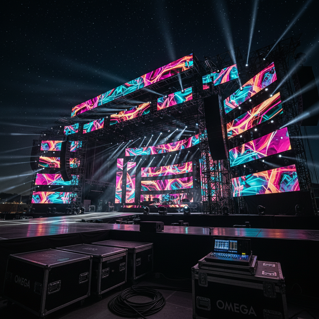A dramatic night-time outdoor stage setup under a starry sky, featuring a large truss structure with integrated LED panels displaying bold, abstract graphics, and powerful moving head lights sending precise beams into a light haze. The stage floor is glossy black, subtly reflecting the vibrant colors of magenta, cyan, and gold. In the foreground, neatly coiled cables, rugged flight cases with Omega branding, and a compact lighting console suggest meticulous technical preparation. Photographic realism from a low-angle perspective, emphasizing the height and impact of the structure. The atmosphere is energetic and spectacular, showcasing large-scale event production capabilities for concerts and public shows.