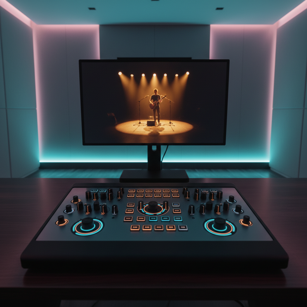 An elegant cinema-style color grading suite featuring a large calibrated reference monitor showing a film frame of a beautifully lit stage setup, surrounded by a multi-dial color grading control panel with glowing rings and buttons. The desk surface is dark wood with a satin finish, contrasting with the cool, minimal decor of the room. Soft, indirect LED strip lighting runs along the baseboards and behind the monitor, casting a subtle cyan and magenta glow. Photographic realism, composed with the control panel in the foreground and the screen as a central focal point, using a shallow depth of field. The atmosphere is cinematic, meticulous, and premium, emphasizing high-end film production and post-production services.