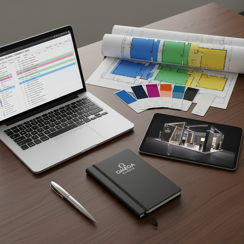 A close-up, overhead photographic view of a detailed event planning workspace: an open laptop showing a Gantt chart for an upcoming congress, neatly stacked floor plans with colored zoning, swatch cards of stage lighting gels, and a tablet displaying a 3D rendering of a trade show booth. Branded Omega stationery, including a polished metal pen and a minimalist notebook, sits aligned on a smooth, dark wood desk. Natural daylight from an unseen side window creates soft, diffused illumination and gentle shadows. Photographic realism with sharp focus, composed using the rule of thirds for a clean, organized aesthetic. The mood is strategic and precise, underscoring professional planning for events of all sizes.