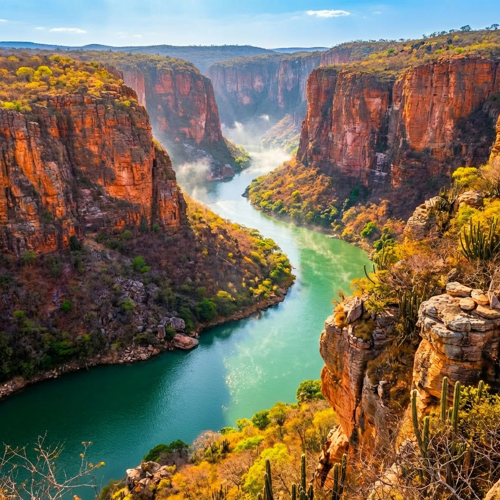 A winding turquoise river flows through a deep canyon with towering orange sandstone cliffs.